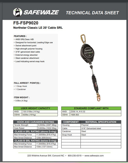 Safewaze FS-FSP9020 - Northstar Classic LE 20' Cable SRL