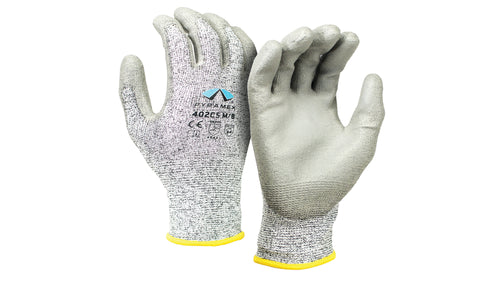 SafetyCo Pyramex Polyurethane Gloves (GL402C5 Series) 13 gauge cut-resistant HPPE liner Tear and abrasion resistant Low particulate shed Grips well without being sticky Offers tactile sensitivity and dexterity