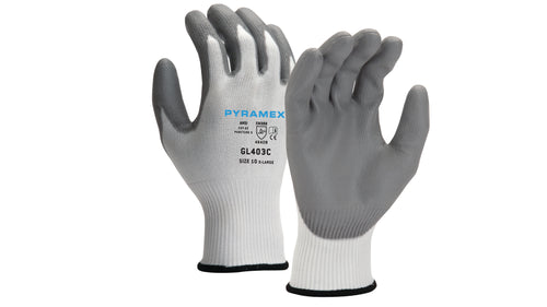 SafetyCo Pyramex Polyurethane Dipped Gloves (GL403C Series)13 gauge cut-resistant HPPE liner Polyurethane palm coating Low particulate shed Good dexterity