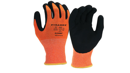 SafetyCo Pyramex Sandy Nitrile Gloves (GL608C Series) Orange 13 gauge HPPE liner Nitrile sandy palm coating Good grip in all conditions Extra absorption Hi-vis