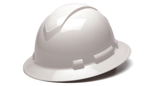 SafetyCo Pyramex RIDGELINE FULL BRIM HARD HAT HP54110 White Full Brim Style 4-Point Standard Ratchet Features ABS material — Strong, yet ultra-light for seemingly weightless protection Ratchet suspension is easy to adjust and allows the wearer to modify the fit while wearing hard hat Soft brow pad is replaceable 