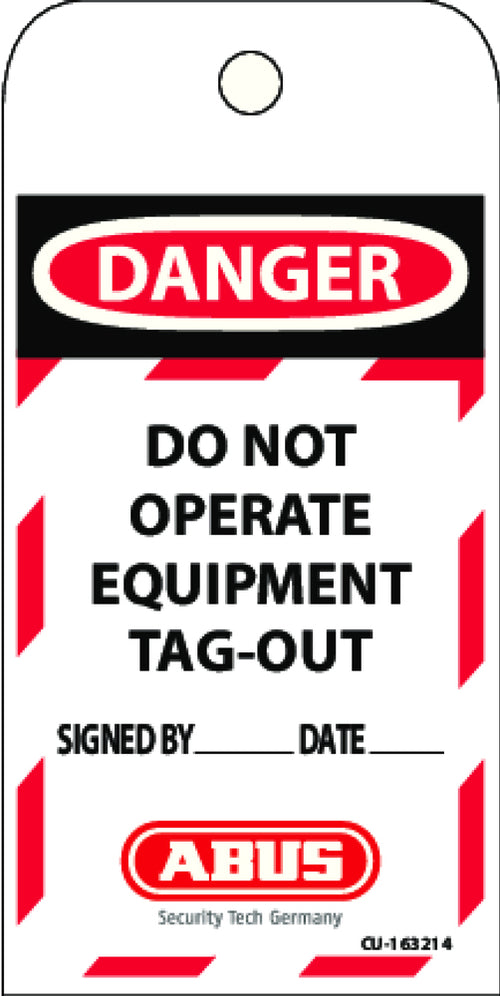SafetyCo Abus Technology: Prevent accidental or unexpected start-up or release of stored energy when working on equipment or machinery Unrippable vinyl with matte surface to withstand moisture Available in four tag types: DO NOT OPERATE, OUT OF SERVICE, DO NOT OPERATE with photo ID and EQUIPMENT LOCKED OUT with photo ID Recycled plastic, high quality, made in the USA Available in two tag types: DO NOT OPERATE and OUT OF SERVICE,