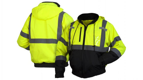 Pyramex RJ3110 Hi Vis Lime Black Bottom Bomber Safety Jacket - Removable Fleece Liner - Type R - Class 3