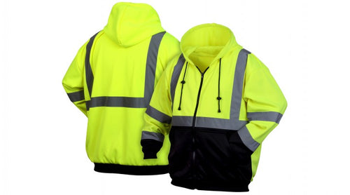 Pyramex RSZH3210 Hi Vis Yellow Black Bottom Zipper Safety Sweatshirt with Hood - Type R - Class 3