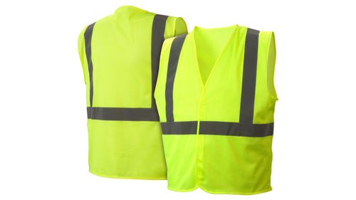 SafetyCo Pyramex RVHLM2910 Type R - Class 2 Hi-Vis Lime Safety Vest Hi-Vis lightweight polyester mesh material 2" silver reflective stripes Hook and loop closure