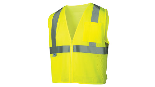 SafetyCo Pyramex Type R - Class 2 Hi-Vis Lime Safety Vest Hi-Vis lightweight polyester mesh material 2" silver reflective material Zipper front closure Chest pocket with hook and loop closure Deep and wide inside pocket