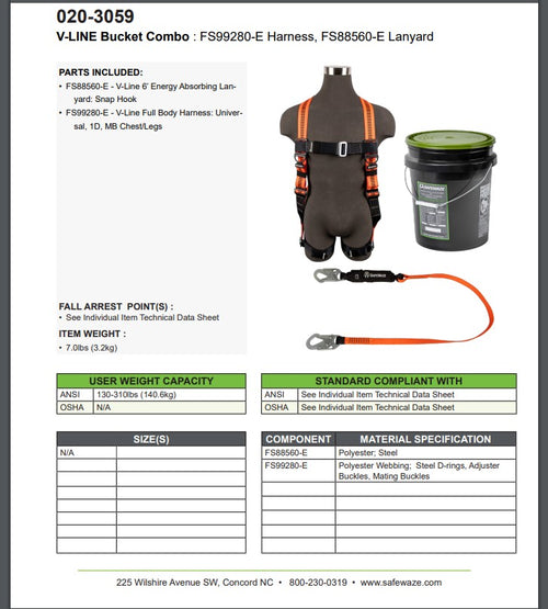 Safewaze 020-3059 - V-Line Bucket Combo: FS99280-E Harness, FS88560-E Lanyard