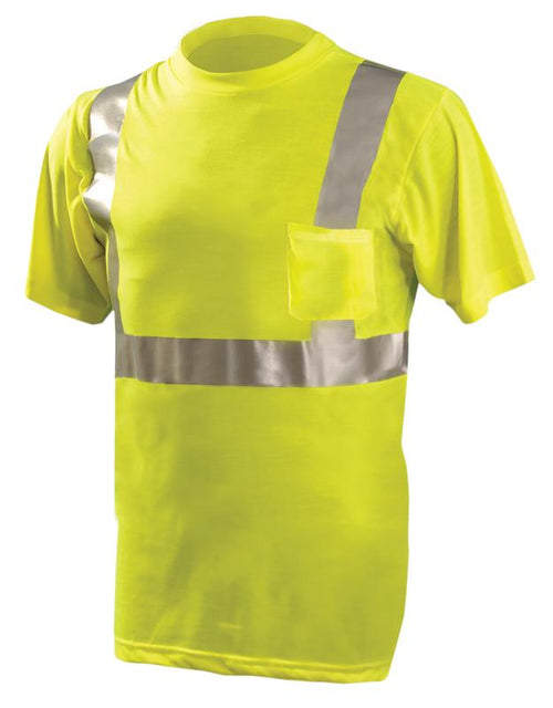 SafetyCo Occunomix SHORT SLEEVE WICKING T-SHIRT w/POCKET  Meets ANSI/ISEA 107-2015 Class 2 - Type R 5.3 oz Wicking Polyester 2" Reflective Tape Left Chest Pocket   LOGO READY