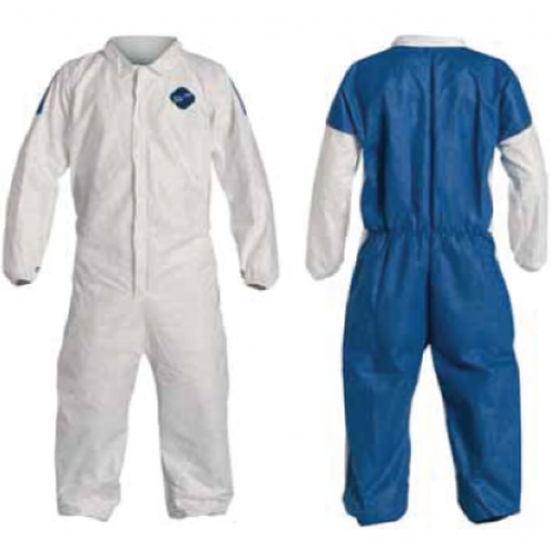 SafetyCo Sunrise DUPONT TYVEK DUAL COVERALLS, Zipper Front Coveralls; white; elastic wrists and ankles; surged seams; white DuPont Tyvek front; blue DuPont ProShield back; Combine the value of two DuPont fabrics Combine the protection, durability and comfort of DuPontTM Tyvek® fabric on the front and the comfort, softness and breathability of DuPontTM ProShield® fabric on the back.